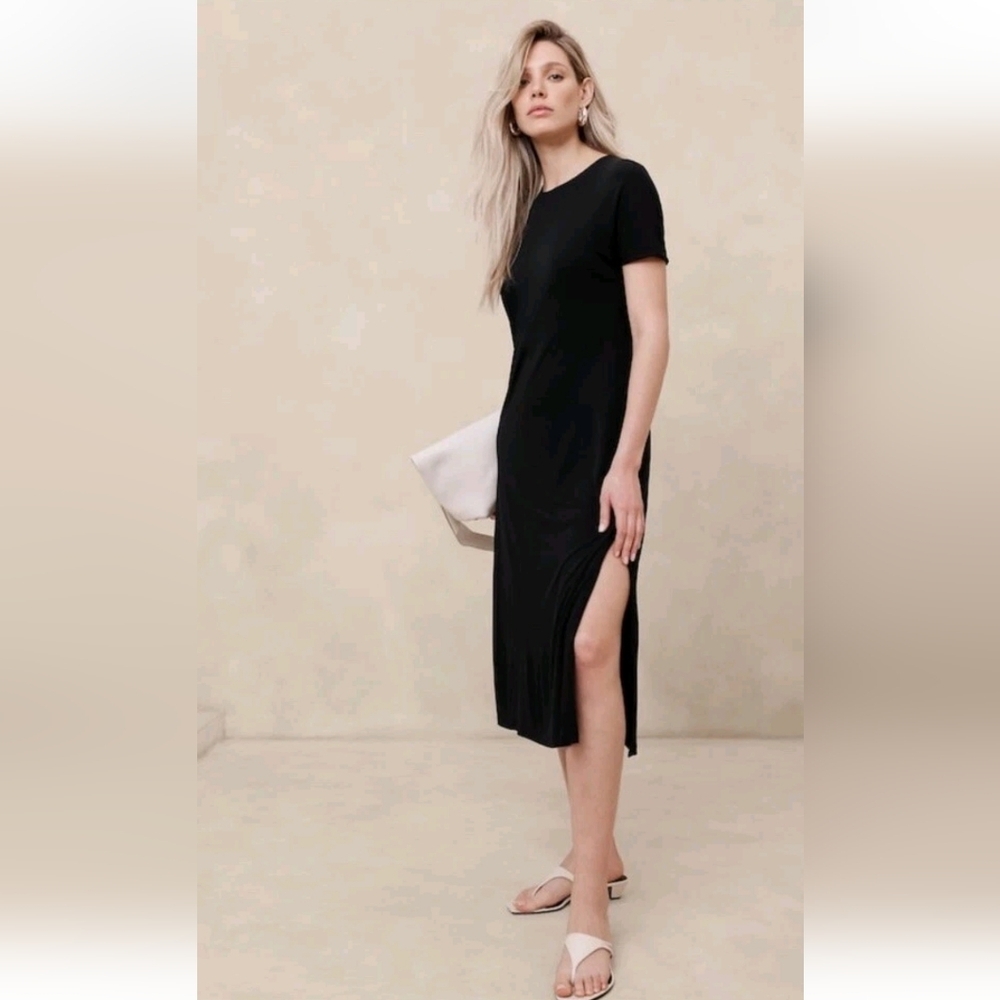 Banana Republic Black Crepe Jersey Knit Midi Dress Stretchy Lined XL Tall Beach